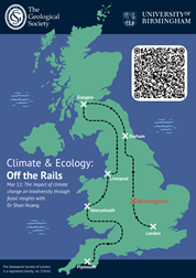 Image for the Climate & Ecology Off the Rails Birmingham event showing a map of the UK with Birmingham marked in red text